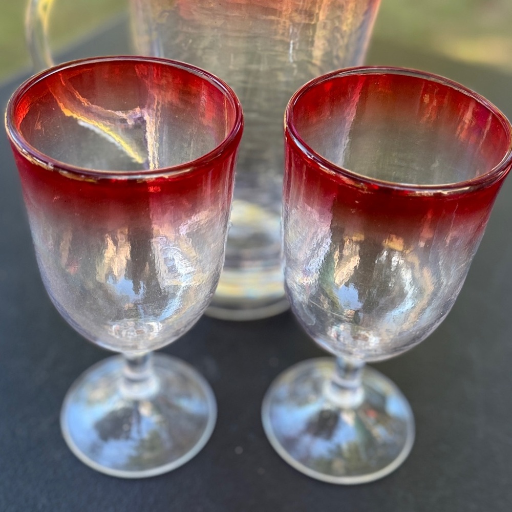 Acrylic Red Rimmed - 2 Goblets and Pitcher